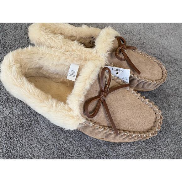 J Crew Slippers Womens 5 Shearling Leather Moccasin NEW Brown Comfort Slip On - Picture 2 of 6